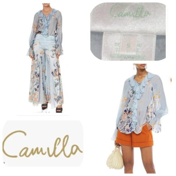 CAMILLA LACE UP RUFFLE crystal-embellished FRASER FANTASIA Silk blouse S
